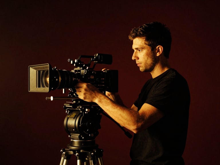 High-contrast black and white portrait of a cinematographer adjusting a camera rig, dramatic side lighting, dark moody background, rich shadows