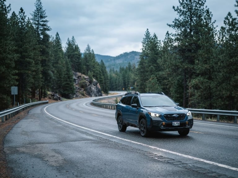 Crisp editorial photograph of a modern SUV driving along a pine-lined Spokane highway under natural overcast Pacific Northwest daylight, cool blue tones