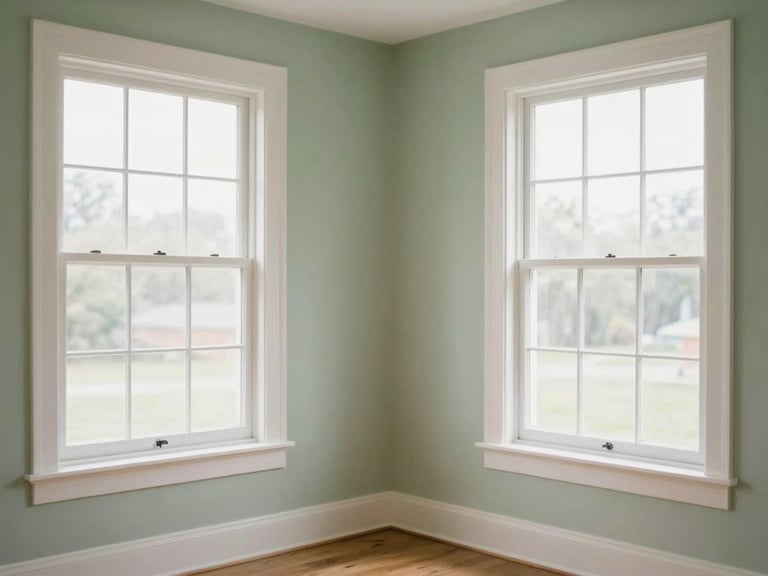 Empty, sunlit bedroom with freshly cleaned windows and polished baseboards, subtle regional details, shallow depth of field.