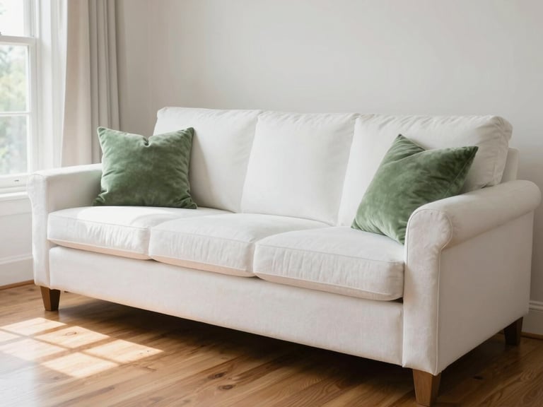 Immaculate living room with crisp white sofa and polished hardwood floors, bright natural southern daylight, shallow depth of field.