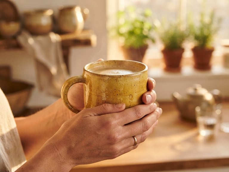 A pair of hands gently cradling a warm, buttery yellow stoneware mug, soft golden-hour window light, shallow depth of field, cozy kitchen background, rich saturated earthy tones.