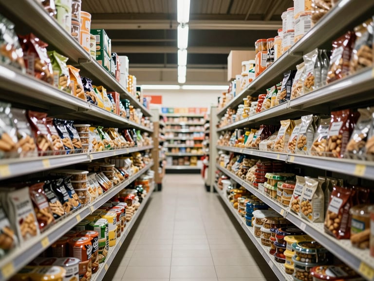 Wide environmental shot looking down a specialty food market aisle, shelves lined with premium packaged products on both sides, even overhead daylight, no people visible, perspective lines drawing toward far end of the aisle