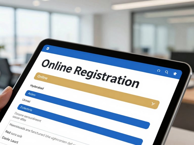 Close-up of a digital tablet showing an online registration form, with a blurred background of a Hyderabad office, bright natural daylight, clean royal blue and gold accents, professional editorial, 35mm