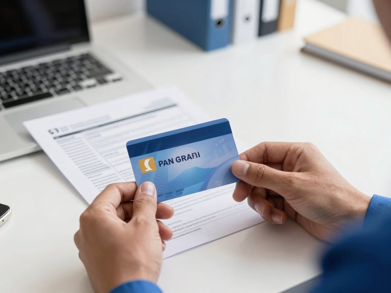 Hands holding a PAN card and official tax documents on a clean desk, bright natural daylight, clean royal blue and gold accents, professional editorial, 35mm