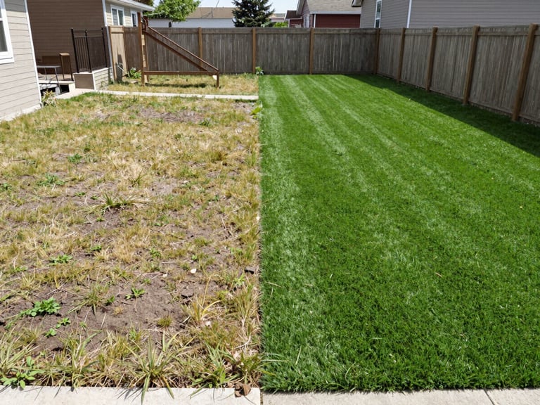 Side-by-side wide shot of a Mississauga backyard: left half shows patchy dead grass and bare soil, right half shows completed artificial turf installation, clear natural daylight, fence visible in background