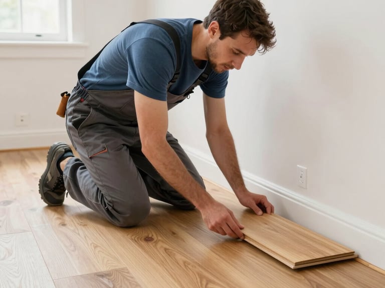 Side-by-side interior floor shot in a Vaughan home: left half shows buckled and water-damaged laminate planks, right half shows completed vinyl plank installation with clean wall transition, practical indoor lighting