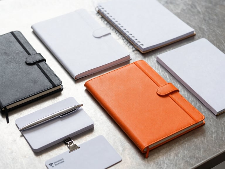 Neatly arranged corporate onboarding kits including notebooks, pens, and ID cards on a clean metallic surface, studio lighting, crisp focus, 35mm