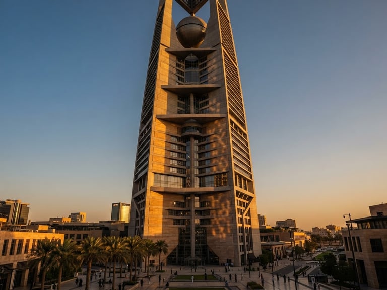 Wide-angle architectural photography of a premium commercial tower in Riyadh, sharp geometric concrete lines, deep shadows cast by warm golden-hour sunlight, rich travertine textures.