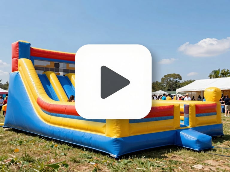 Bright daylight photo of a massive colorful inflatable obstacle course set up in a wide open field, a play button icon overlaid in the center, sunny party atmosphere.
