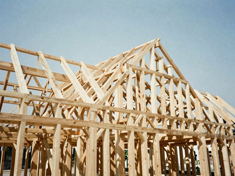 Wide-angle shot of a complex timber frame structure rising, showcasing intricate joinery and natural wood tones, under clear daylight.