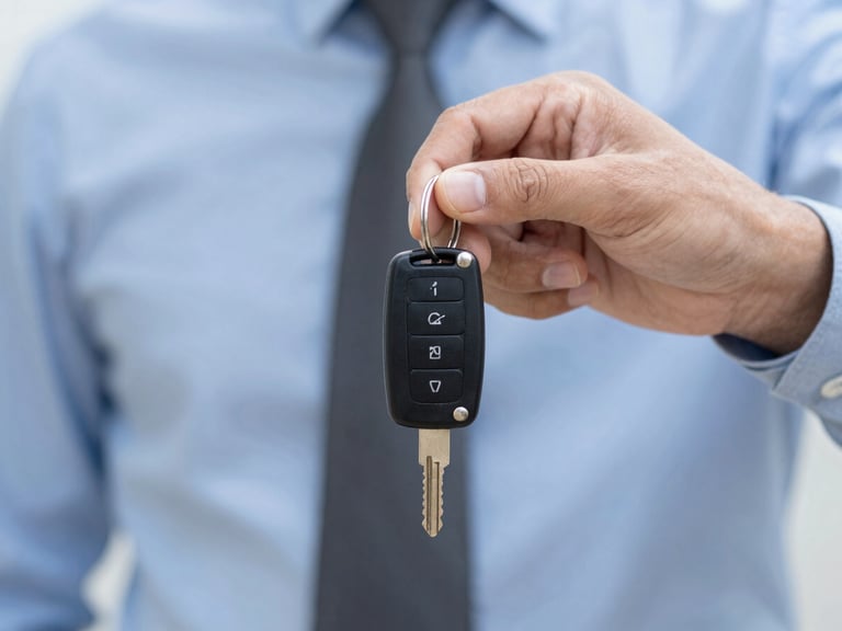 Close-up of hands holding car keys and a house key, bright daylight, sharp focus