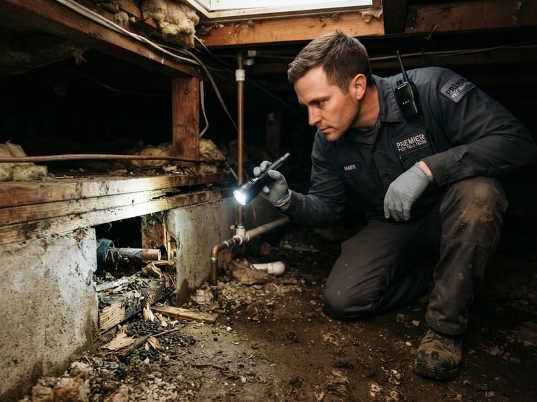 Professional pest control technician in branded uniform using a flashlight to inspect a dark crawlspace, focusing on a potential entry point, sharp documentary photography, bright direct daylight and flashlight beams, high-contrast natural tones, crisp 35mm lens