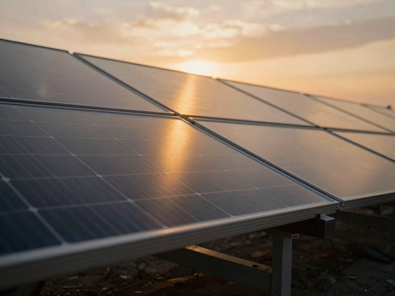 Close-up architectural photography of high-efficiency monocrystalline solar panels, sharp metallic frames, dramatic twilight lighting with golden amber reflections, professional engineering aesthetic