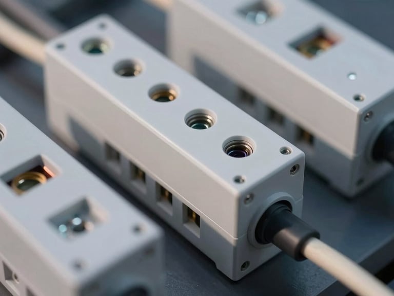 Macro close-up of industrial electrical cables and heavy-duty switches, clean geometric arrangement, sharp studio lighting, technical engineering aesthetic