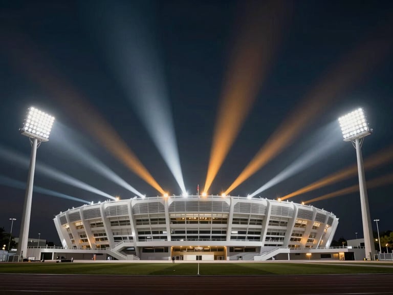 High-performance sports stadium illuminated at night by high-output LED floodlights, crisp white and amber beams cutting through the dark, wide-angle architectural shot