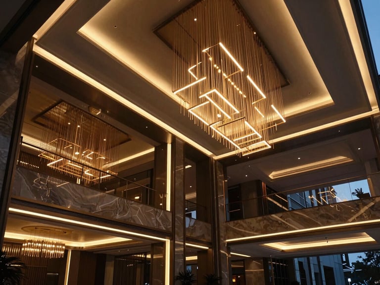 Modern luxury hotel lobby interior with custom linear LED light installations and geometric architectural chandeliers, twilight, high contrast, warm amber glow