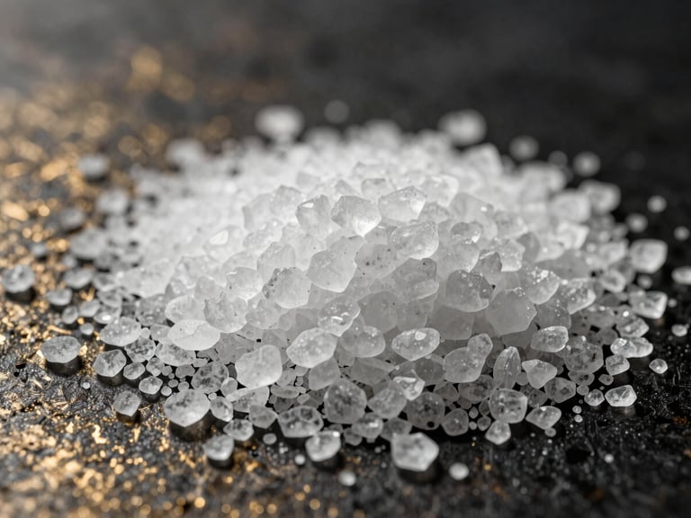 Macro shot of white beta-alanine crystals, sharp focus, industrial metallic background, dark tones