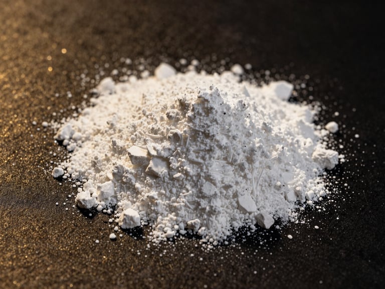 Macro shot of fine white L-Glutamine powder, scattered on a dark surface with sharp light, gold highlights