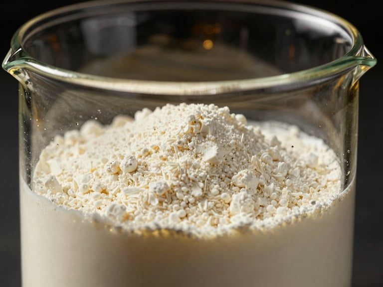 Close-up of a glass beaker with white whey protein isolate powder, laboratory setting, dark and gold tones