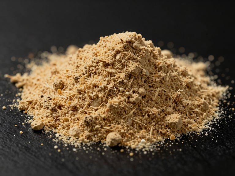 Close-up of a subtle amber-colored collagen powder, smooth texture, elegant dark background