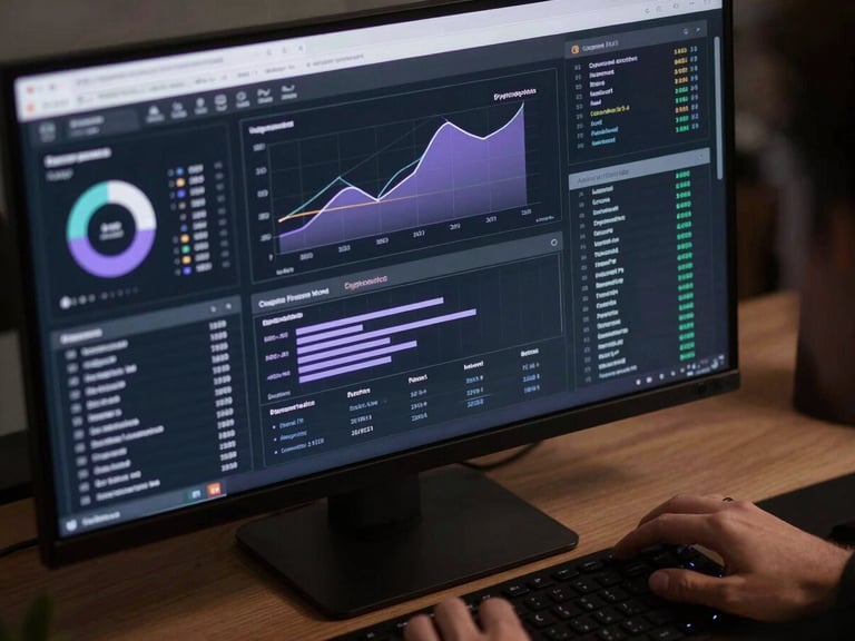 Close overhead shot of a data analysis dashboard on a dark monitor, audience psychographic charts and engagement-rate breakdowns visible in crisp white and lavender on a near-black interface, a hand resting near the keyboard at the lower right, studio lighting, editorial and precise