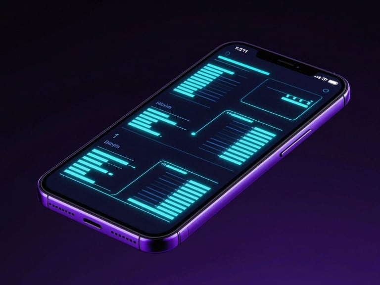 Dynamic angled shot of a modern Android phone displaying a technical wireframe interface with neon cyan metrics, high-contrast studio lighting, dark background
