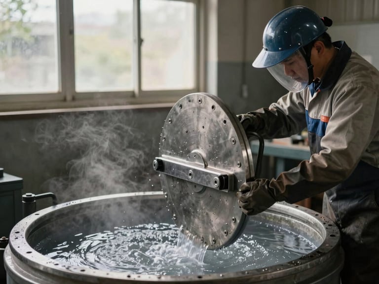 A craftsman in heavy protective gear carefully lowering a solid steel door pull into a steaming chemical bath, natural workshop light filtering through dirty windows.