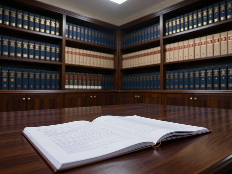 Wide environmental shot inside a Vietnamese law office conference room, deep navy walls lined with rows of Vietnamese legal code volumes, a single open case file spread across a dark wood table under directional overhead lighting, no people visible, the physical weight of legal authority in the room