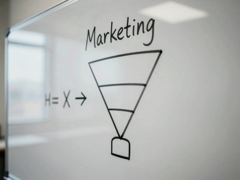 Close-up of a scribbled whiteboard with marketing funnel math, harsh marker lines, cool daylight from a window, high contrast, raw texture.