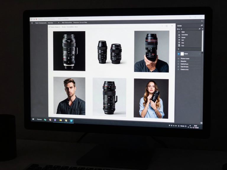 Raw workspace shot of a designer reviewing ad creative variations on a monitor, moody overhead lighting, gritty editorial style, 35mm lens.