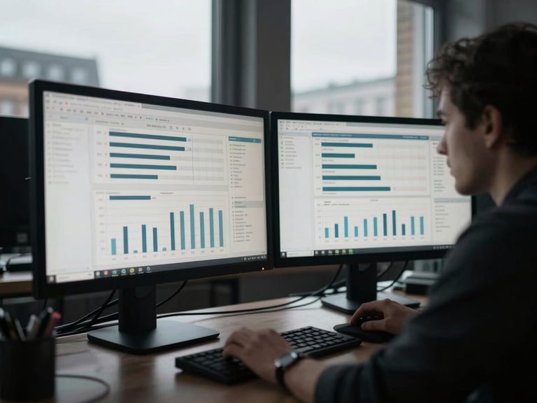 Raw, candid workspace view of a media buyer analyzing performance charts on dual monitors in a dark London office, overcast daylight mixing with cool screen glow, desaturated tones.