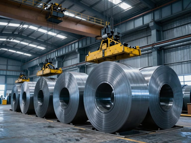 Wide environmental shot of a massive industrial steel warehouse, overhead cranes lifting heavy steel coils, high-contrast industrial lighting with cold blue-gray tones, raw metal textures.