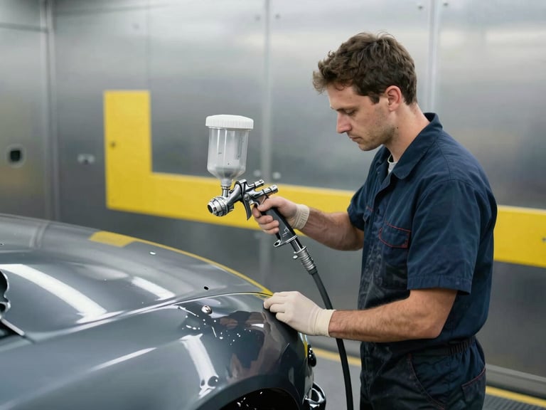 A technician in a clean uniform using a professional spray gun inside a brightly lit, dust-free paint booth, yellow accents on the steel wall, high gloss finish on a car panel.