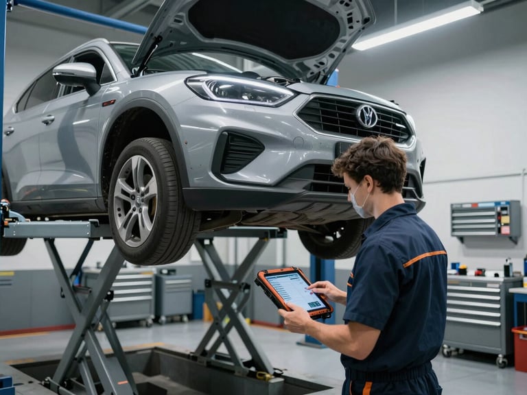 A clean, modern diagnostic bay with a car raised on a hydraulic lift, a technician analyzing engine data on a rugged tablet under bright LED lights, organized steel tool cabinets in background.
