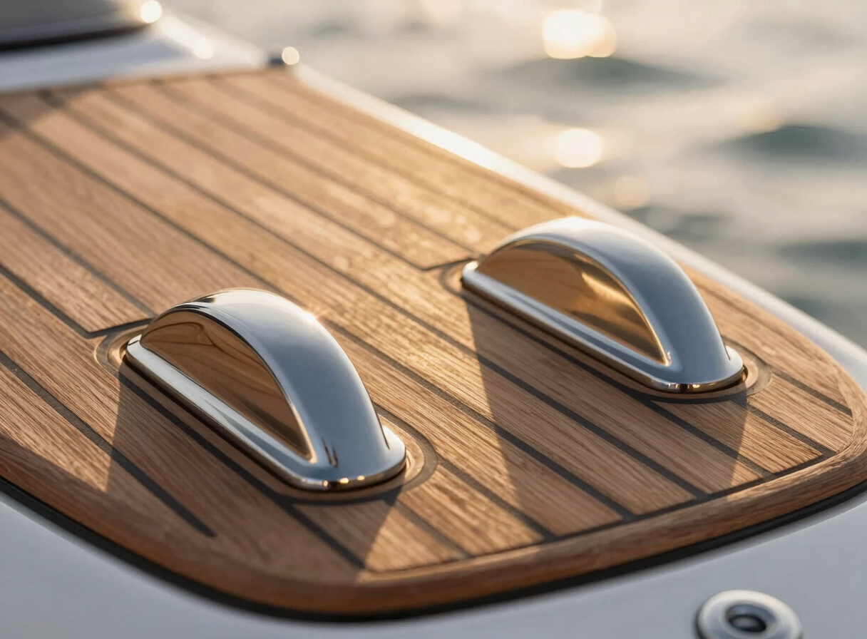 Extreme close-up of polished stainless steel cleats and immaculate teak decking on a speedboat cruising at golden hour, warm light reflecting off the wood.