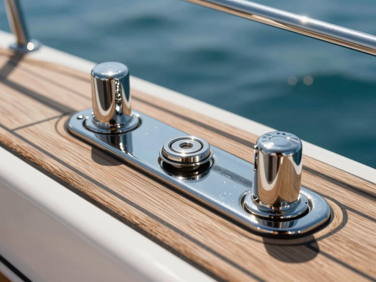 Extreme close-up of polished stainless steel yacht fittings and immaculate teak decking reflecting bright midday sun, deep blue water visible in the background