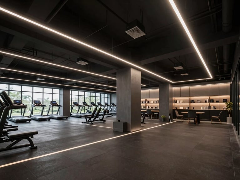 Architectural wide angle of a modern dark-themed multi-space hub, sleek LED lines dividing a fitness gym zone and a quiet study lounge, premium athletic-tech aesthetic, atmospheric lighting.