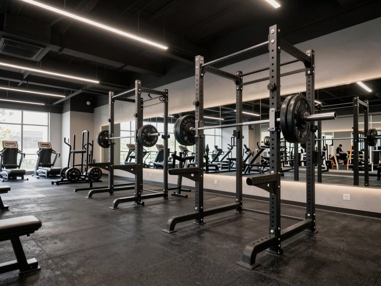 Architectural wide angle of an uncrowded premium gym zone, professional squat racks with Olympic barbells, dramatic focus lighting, clean dark concrete floors.