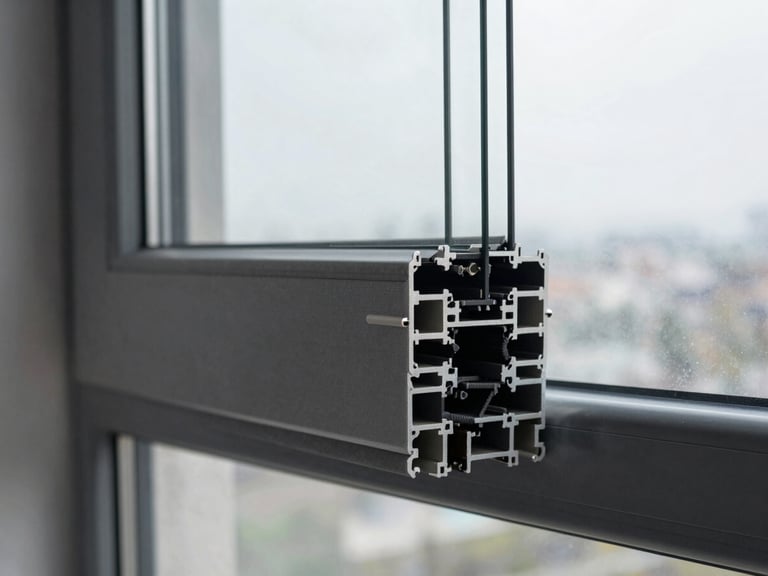 Detail shot of a high-performance Schüco architectural aluminum window system, cool overcast daylight, precise engineering.