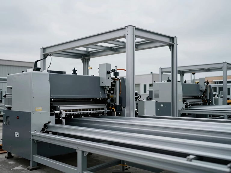 Modern factory floor in Turkey, precise machinery, structural aluminum profiles, cool overcast lighting