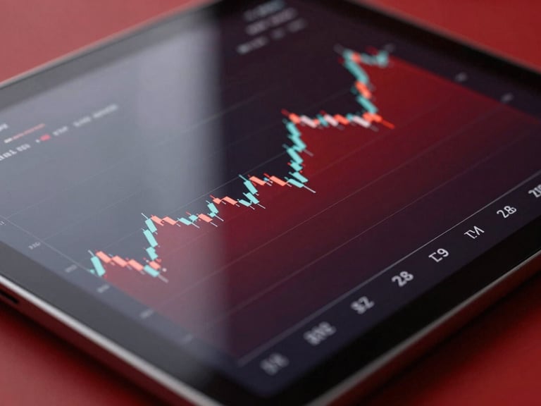 Macro close-up of a digital tablet displaying financial growth charts, clean lighting with deep red accents