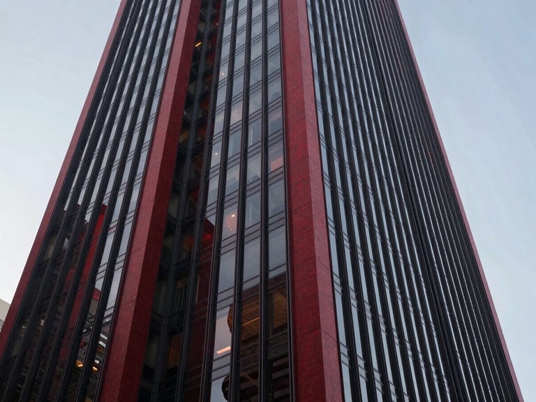 Wide panoramic shot of modern corporate skyscraper facade in São Paulo, sharp angles, clean daylight with subtle crimson reflections
