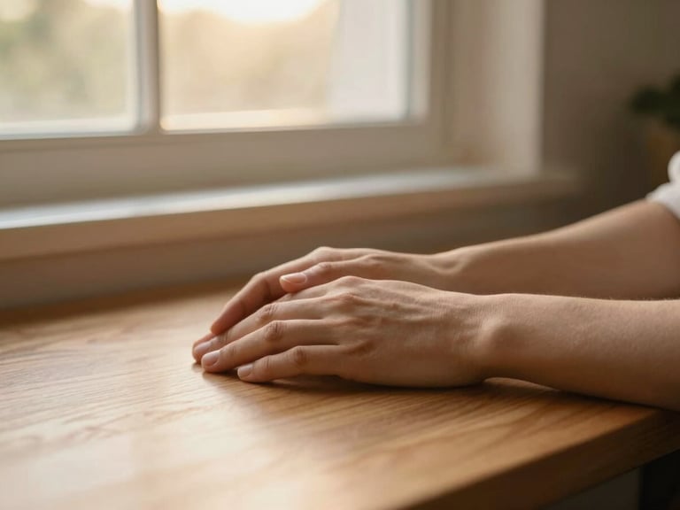 Close-up of hands resting gently on a warm wooden desk, soft golden hour window light, serene and calm atmosphere, 35mm lens.