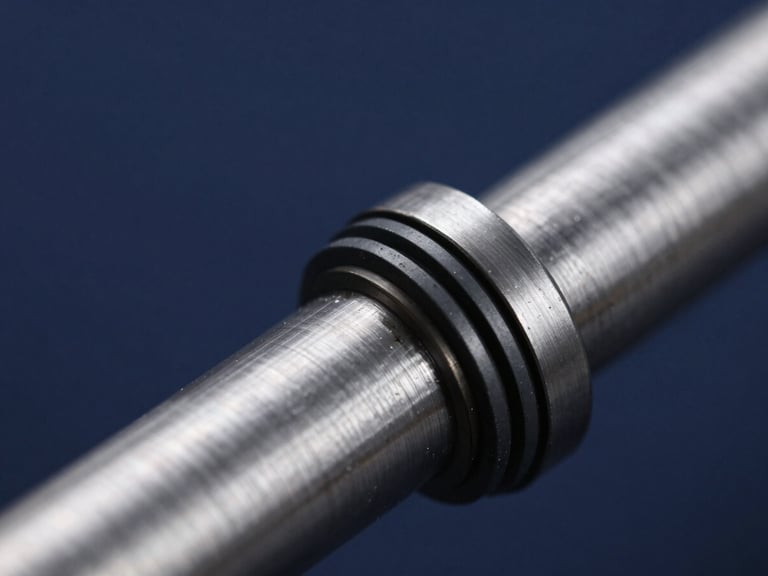 Extreme close-up of a high-torque marine propulsion shaft seal, stark laboratory daylight, detailed elastomer profile, deep navy background.