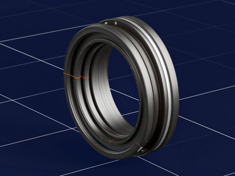 Crisp orthographic CAD rendering of a high-performance mechanical seal assembly, displaying detailed cross-sectional views and stress concentration zones, stark white grid lines over a deep navy background
