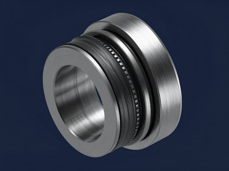 High-resolution CAD cross-sectional rendering of a custom mechanical seal face showing stress concentrations under extreme thermal load, sharp technical studio lighting, deep navy tones