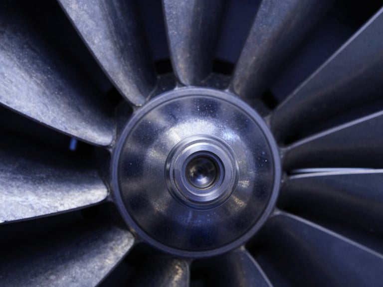 Sharp macro photography of a machined metal aerospace turbine seal face, crisp technical studio lighting, high-contrast metallic textures, deep navy tones, 50mm.