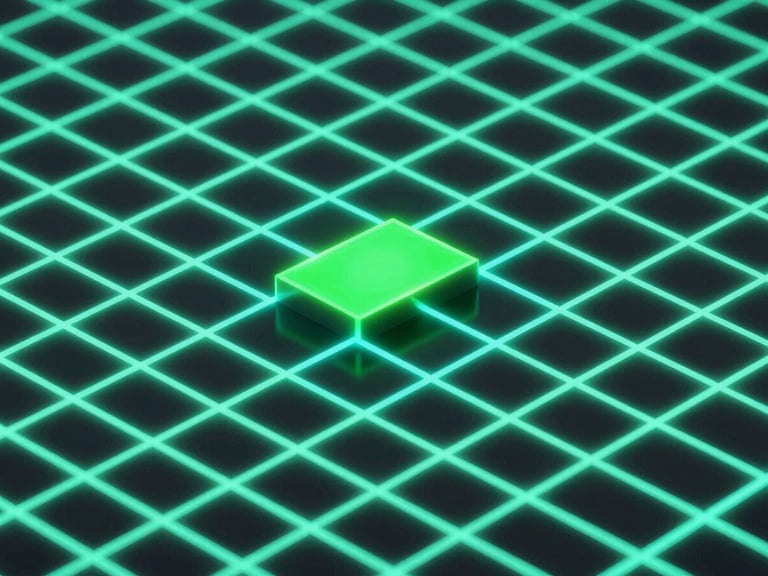 Abstract digital 3D render of glowing neon cyan and green grid lines against a dark obsidian background, macro isometric perspective, octane render