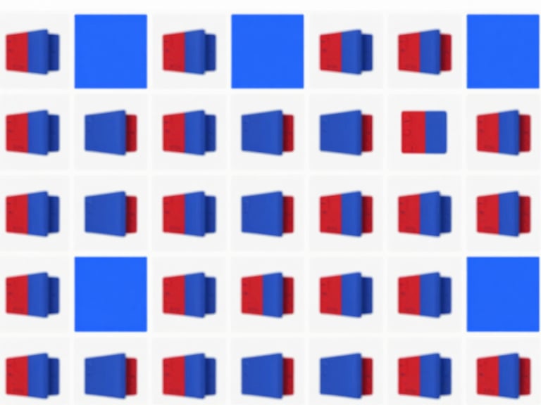 Grid of small product images on a screen, rapidly changing from original to background-removed, illustrating bulk processing speed, vibrant red and blue accents, studio lighting, clean interface.