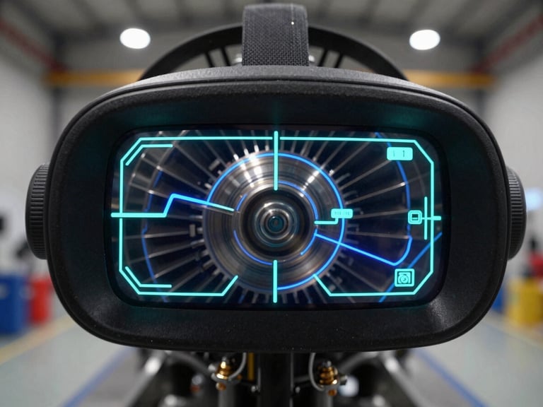 POV perspective through an AR headset displaying sharp neon cyan telemetry lines and electric blue wireframes mapping a dark physical turbine engine in a high-tech hangar, cool lighting, precise technical aesthetic.